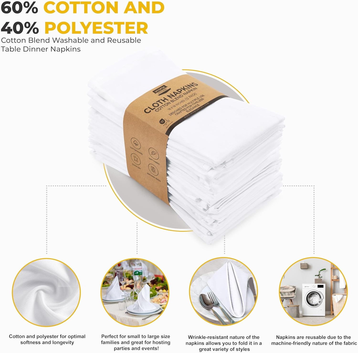 image:imageUtopia Kitchen Black Cloth Napkins 12 Pack 18x18 Inch Absorbent Cotton Blend Washable and Reusable for Dinner Restaurant Lunch Wedding and HotelWhite
