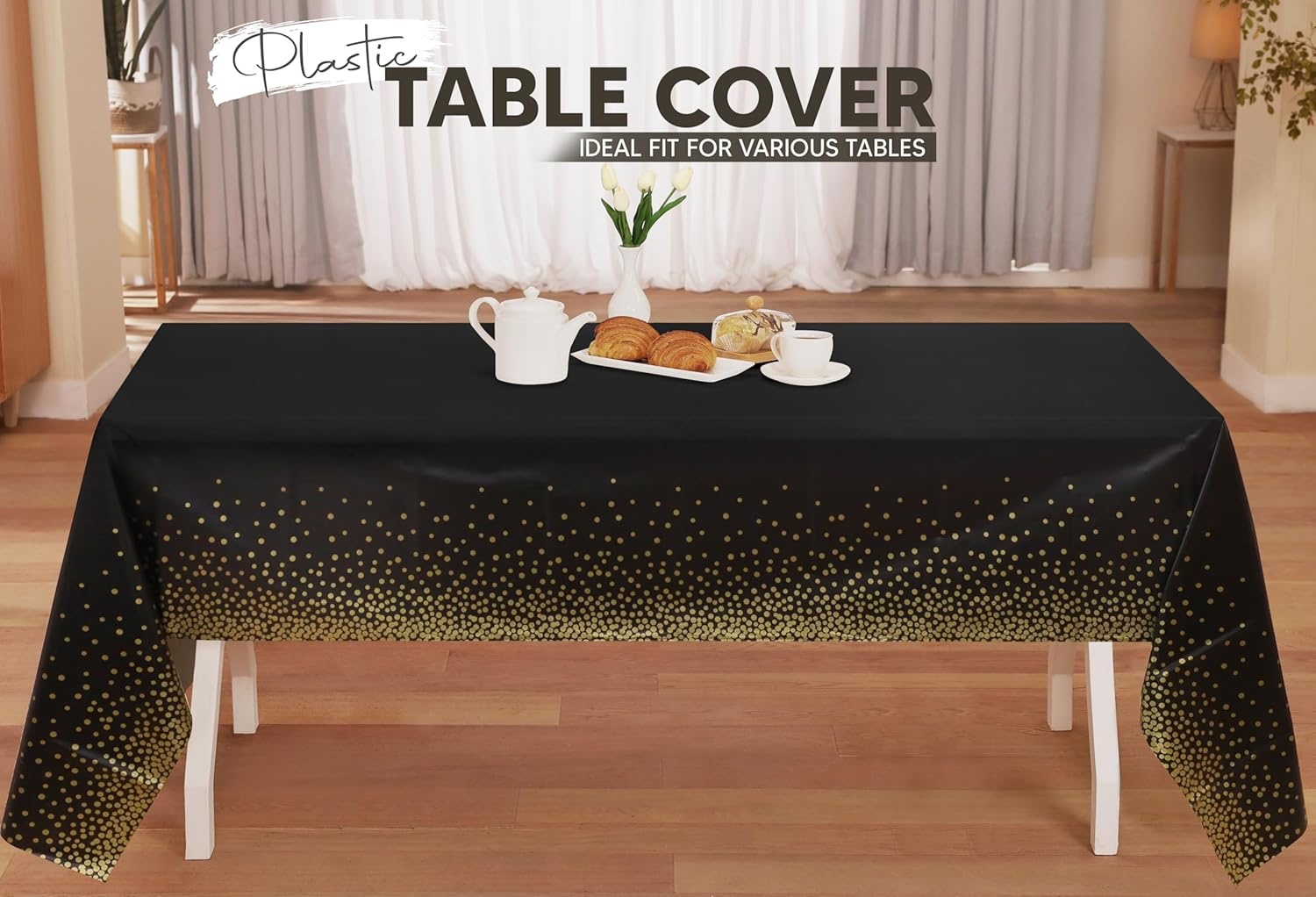 image:imageUtopia Kitchen Plastic Table Cloth Disposable 12 Pack 54x108 Inch Black Gold Dots Rectangle Tablecloth Waterproof Stain Resistant Party Table CoverBlack Gold Dots