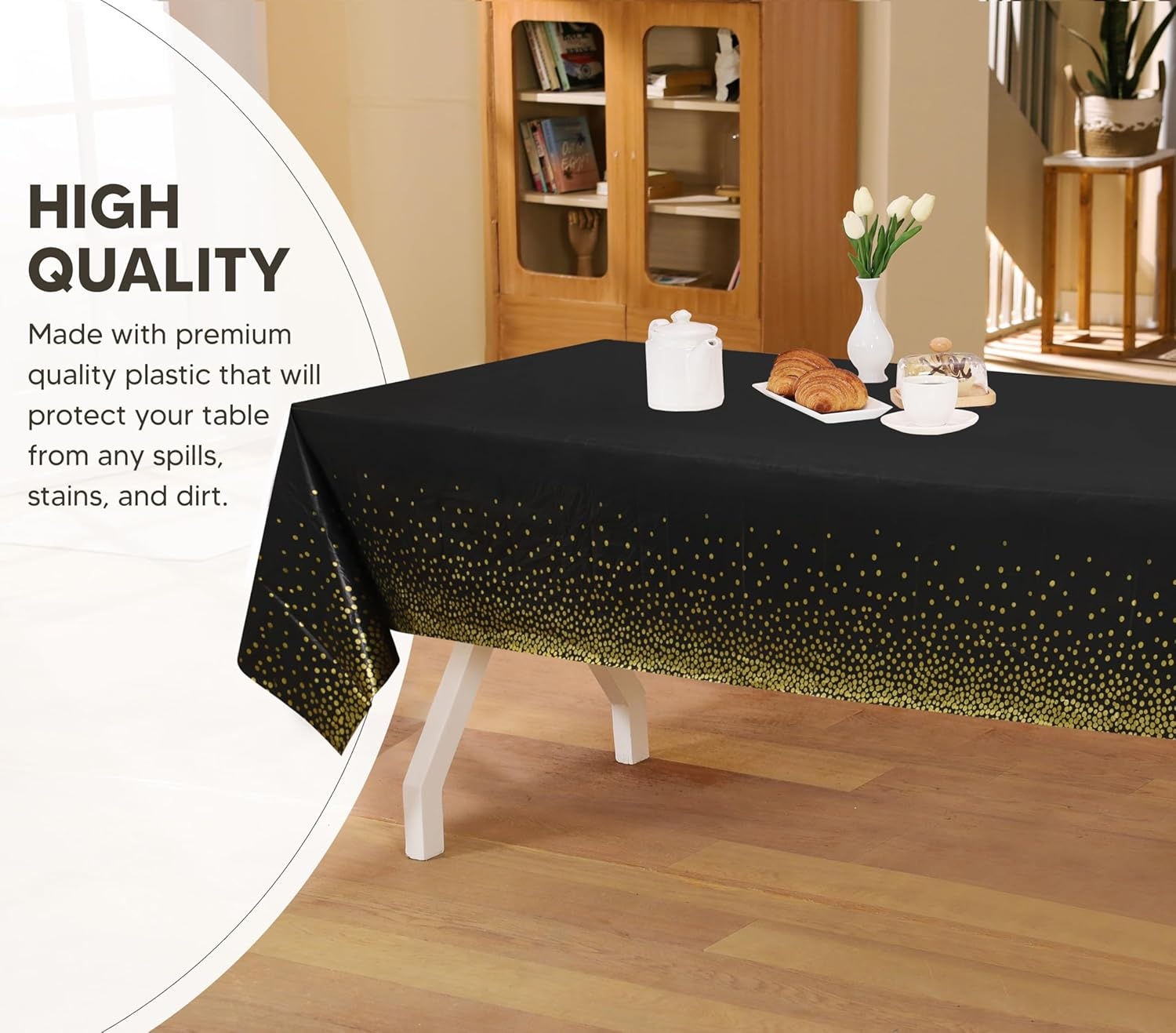 image:imageUtopia Kitchen Plastic Table Cloth Disposable 12 Pack 54x108 Inch Black Gold Dots Rectangle Tablecloth Waterproof Stain Resistant Party Table CoverBlack Gold Dots