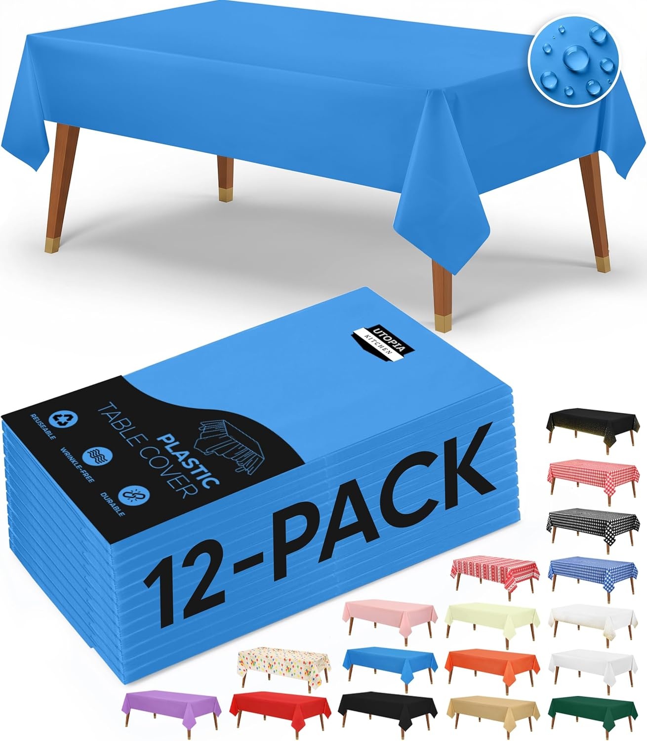image:imageUtopia Kitchen Plastic Table Cloth Disposable 12 Pack 54x108 Inch Black Gold Dots Rectangle Tablecloth Waterproof Stain Resistant Party Table CoverBlue