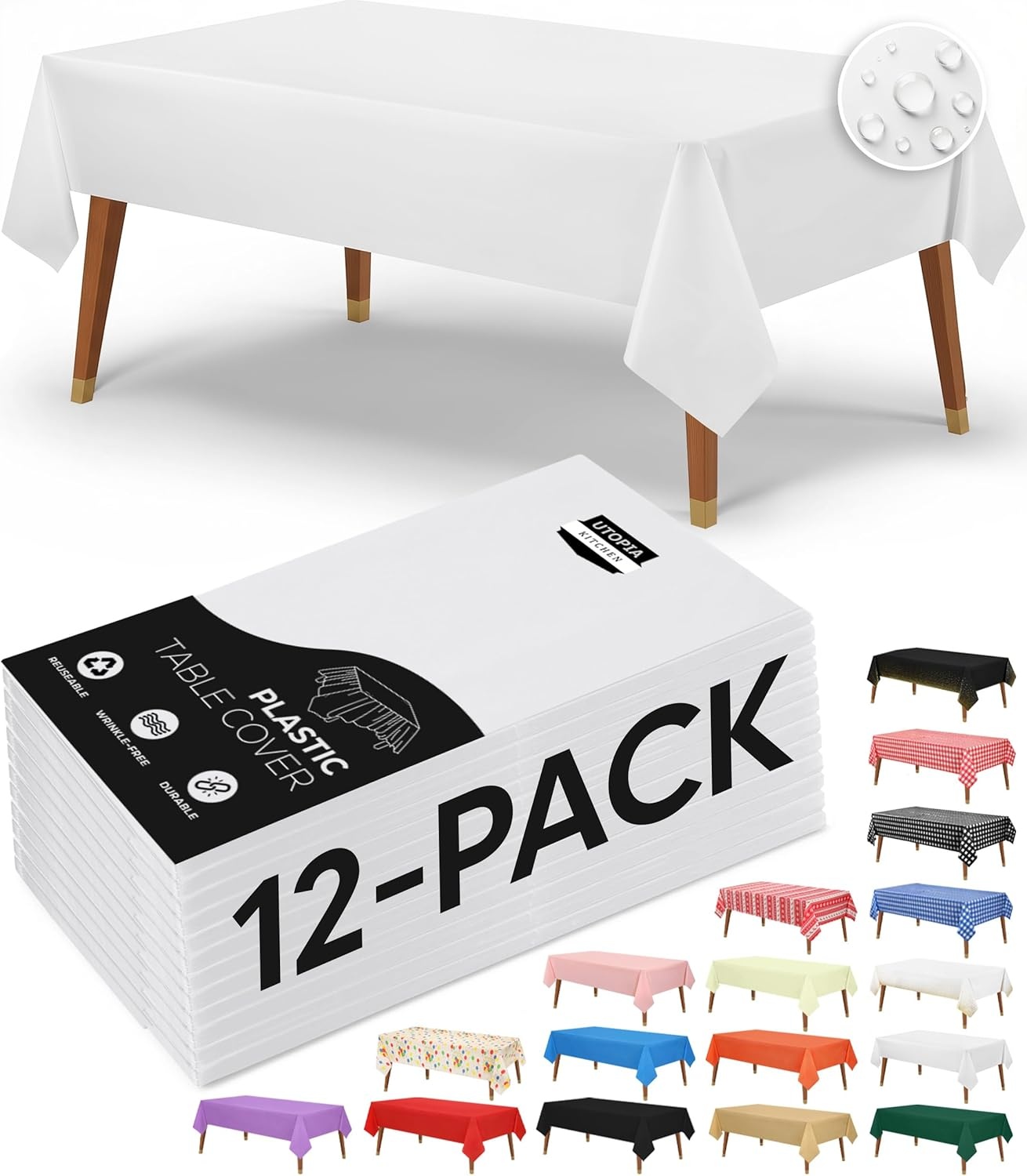 image:imageUtopia Kitchen Plastic Table Cloth Disposable 12 Pack 54x108 Inch Black Gold Dots Rectangle Tablecloth Waterproof Stain Resistant Party Table CoverWhite