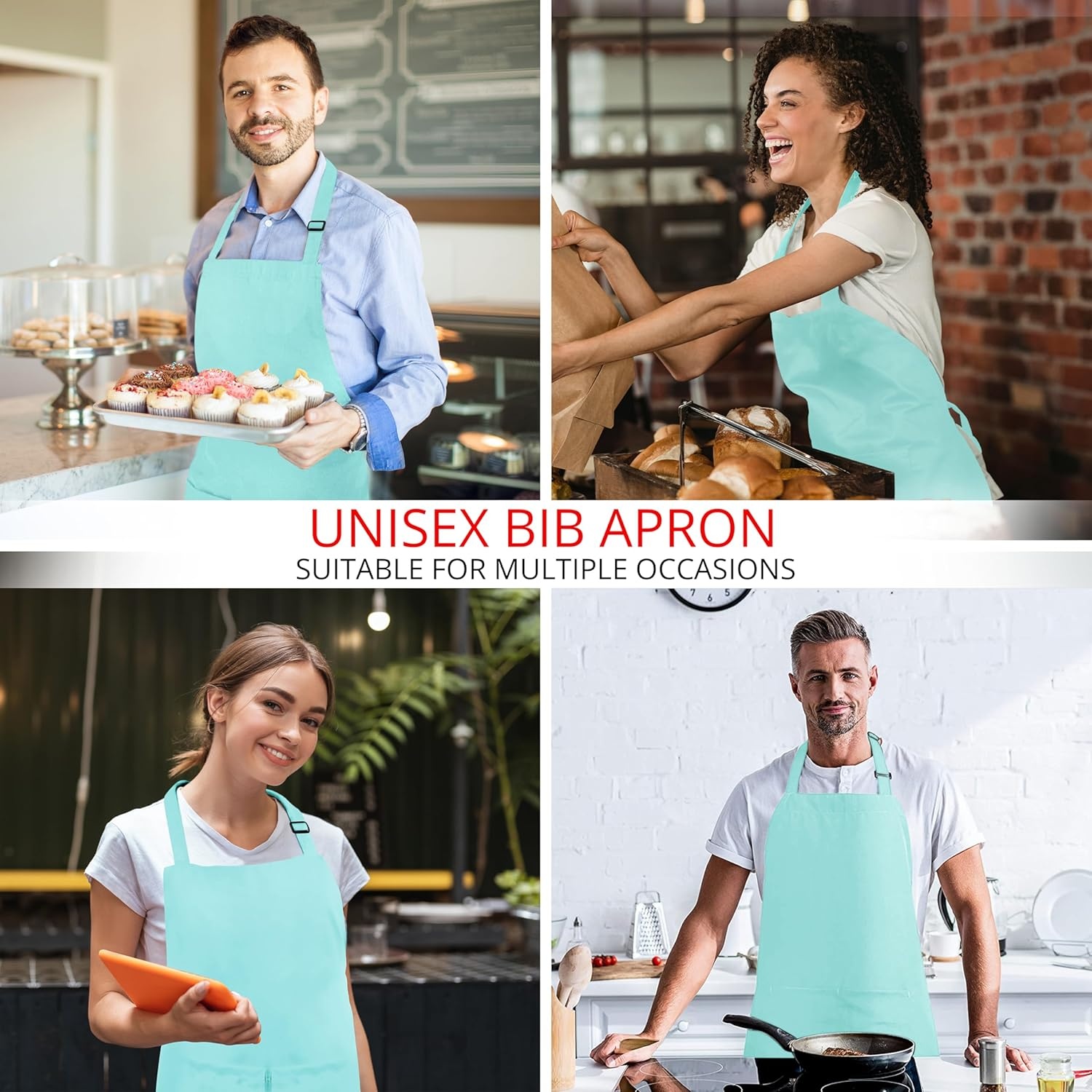 image:imageUtopia Kitchen 2 Pack Bib Apron Adjustable with 2 Pockets Water and Oil Resistant Cooking Kitchen Chef Apron for Women MenAqua