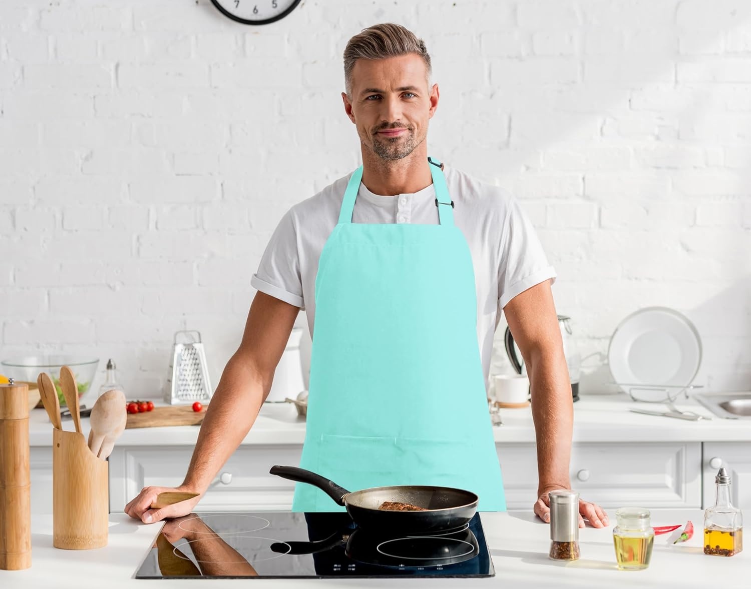 image:imageUtopia Kitchen 2 Pack Bib Apron Adjustable with 2 Pockets Water and Oil Resistant Cooking Kitchen Chef Apron for Women MenAqua