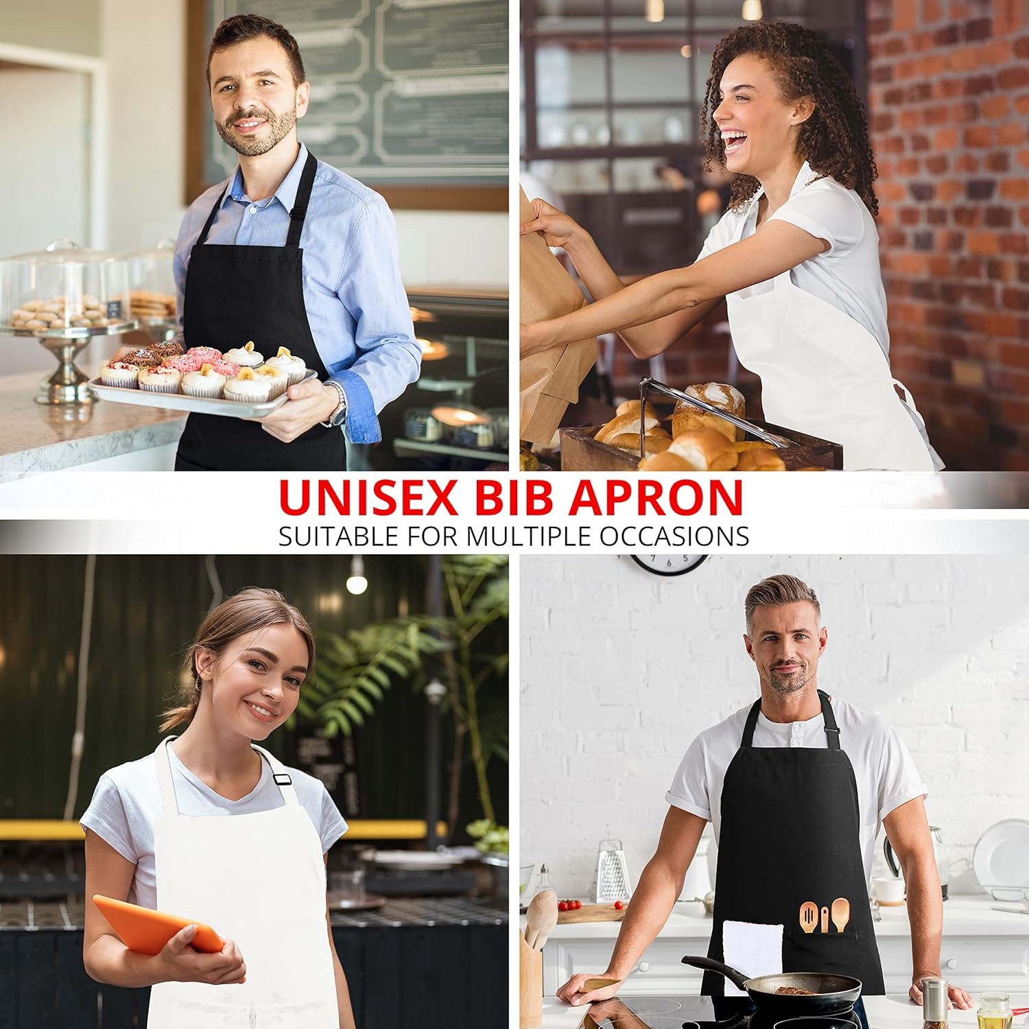 image:imageUtopia Kitchen 2 Pack Bib Apron Adjustable with 2 Pockets Water and Oil Resistant Cooking Kitchen Chef Apron for Women MenBlack White