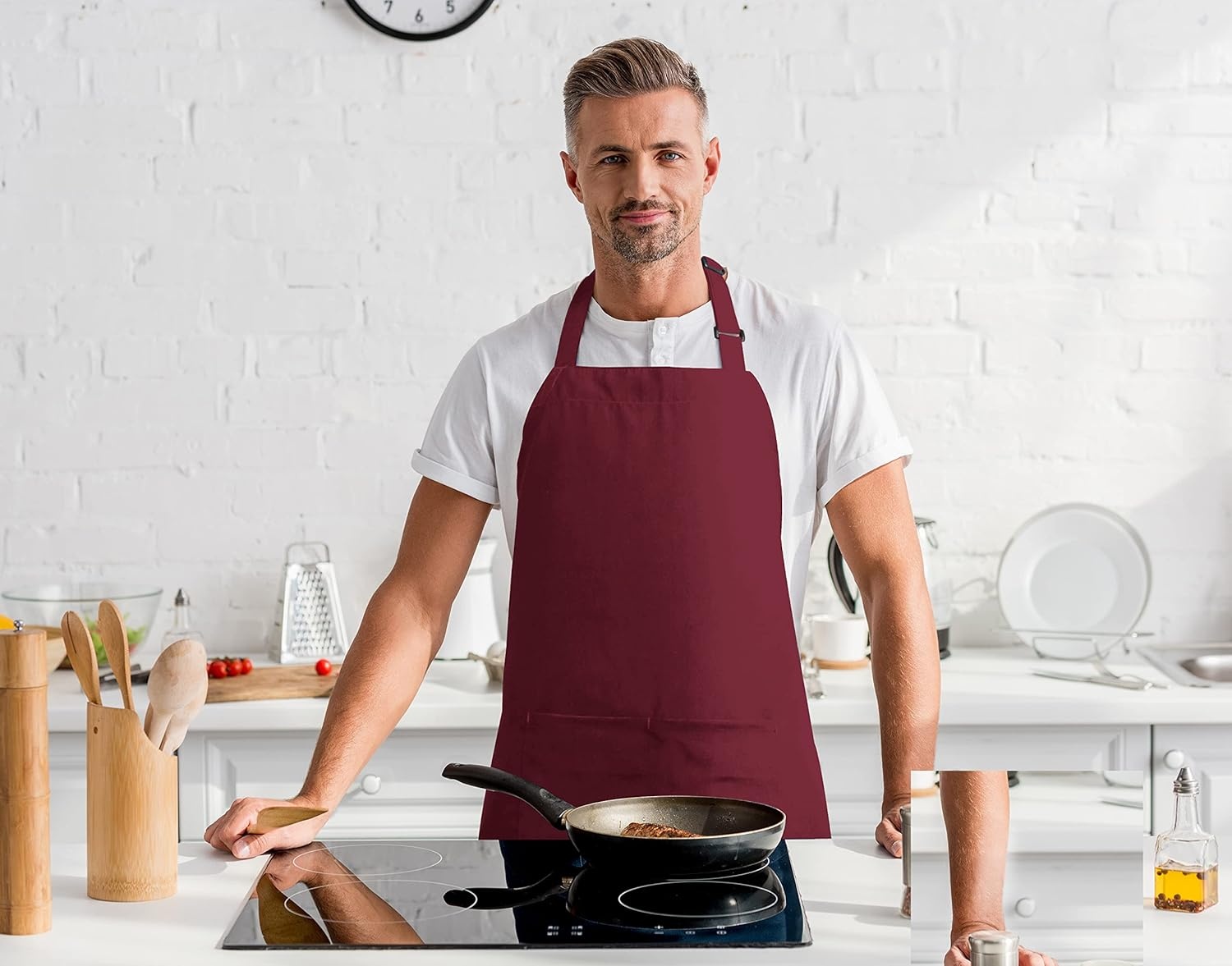 image:imageUtopia Kitchen 2 Pack Bib Apron Adjustable with 2 Pockets Water and Oil Resistant Cooking Kitchen Chef Apron for Women MenBurgundy