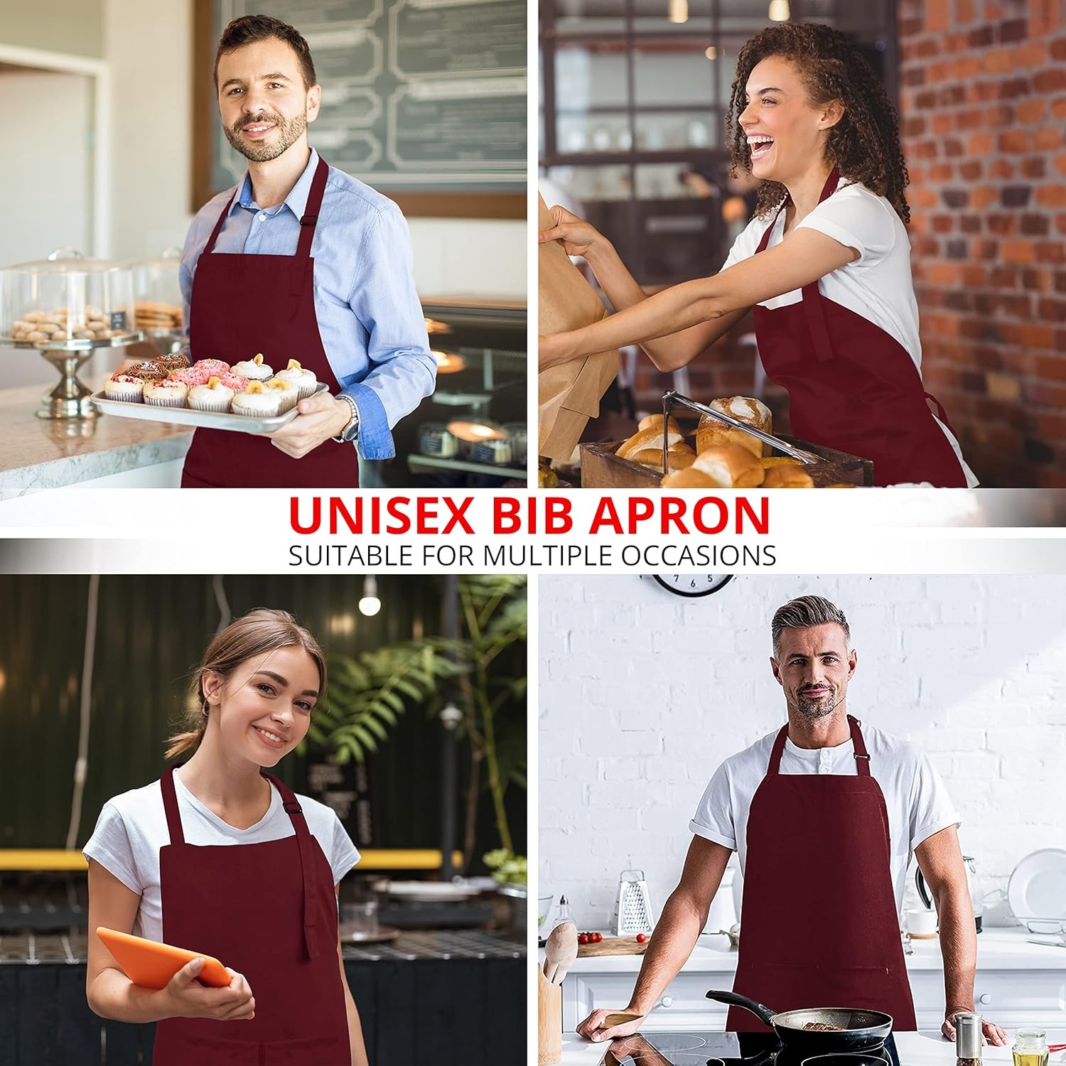 image:imageUtopia Kitchen 2 Pack Bib Apron Adjustable with 2 Pockets Water and Oil Resistant Cooking Kitchen Chef Apron for Women MenBurgundy