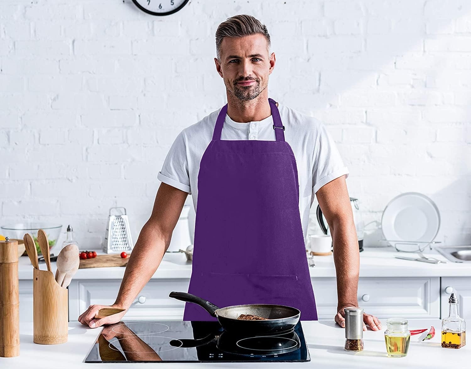 image:imageUtopia Kitchen 2 Pack Bib Apron Adjustable with 2 Pockets Water and Oil Resistant Cooking Kitchen Chef Apron for Women MenPurple