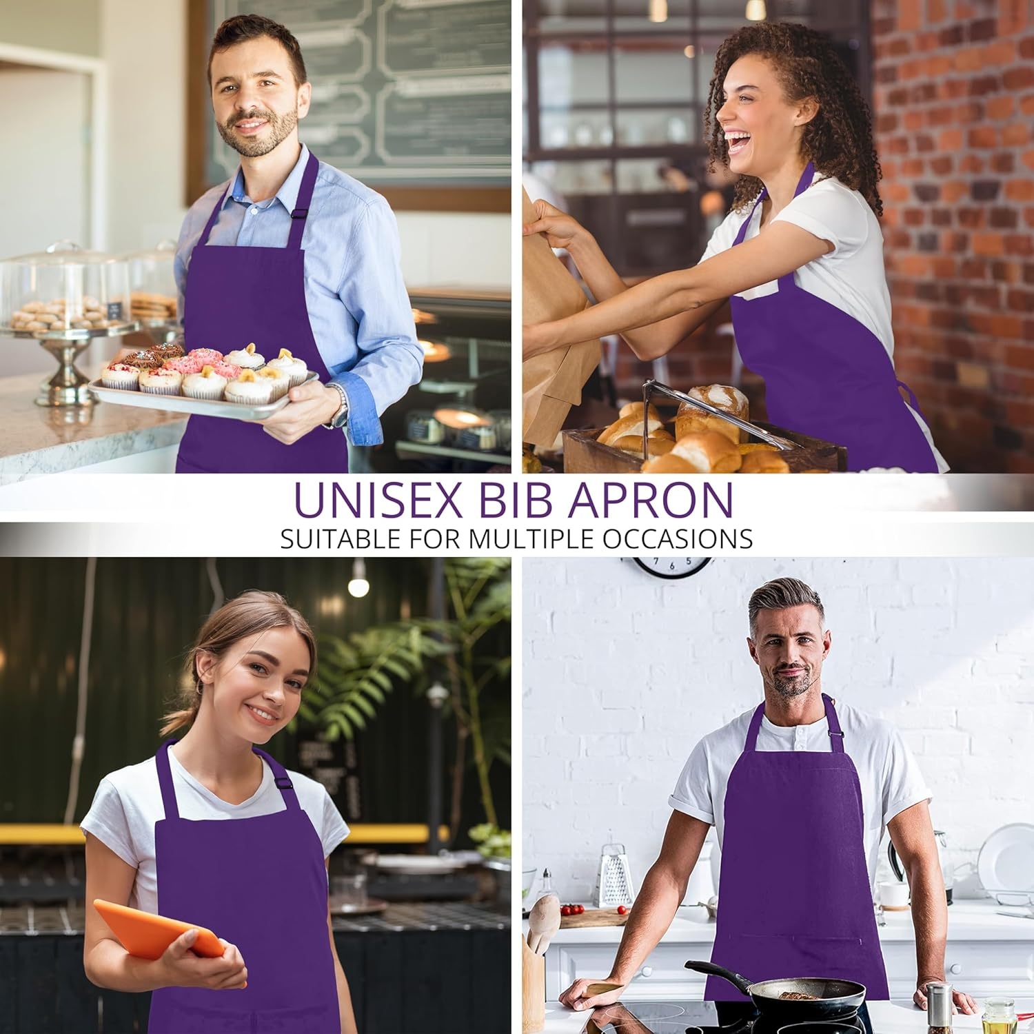image:imageUtopia Kitchen 2 Pack Bib Apron Adjustable with 2 Pockets Water and Oil Resistant Cooking Kitchen Chef Apron for Women MenPurple