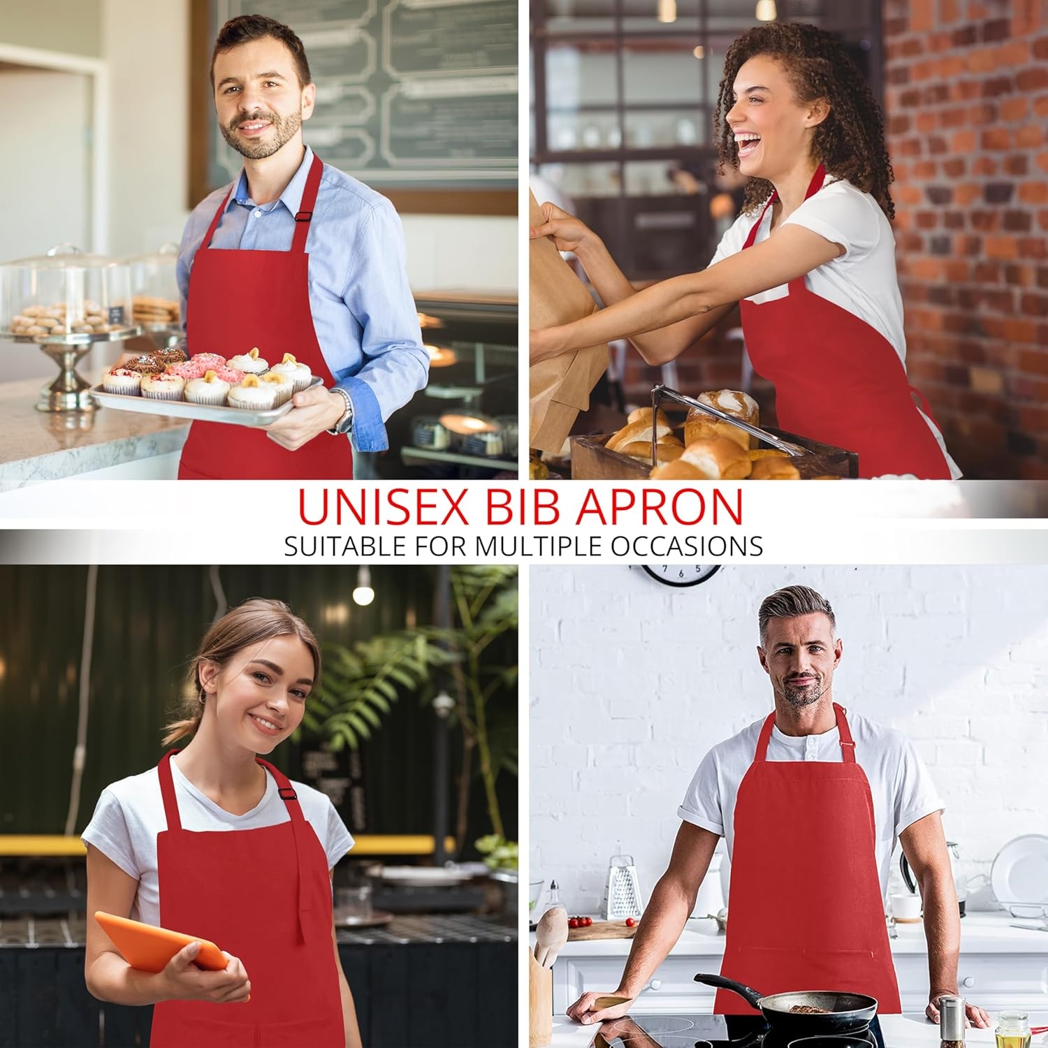 image:imageUtopia Kitchen 2 Pack Bib Apron Adjustable with 2 Pockets Water and Oil Resistant Cooking Kitchen Chef Apron for Women MenRed