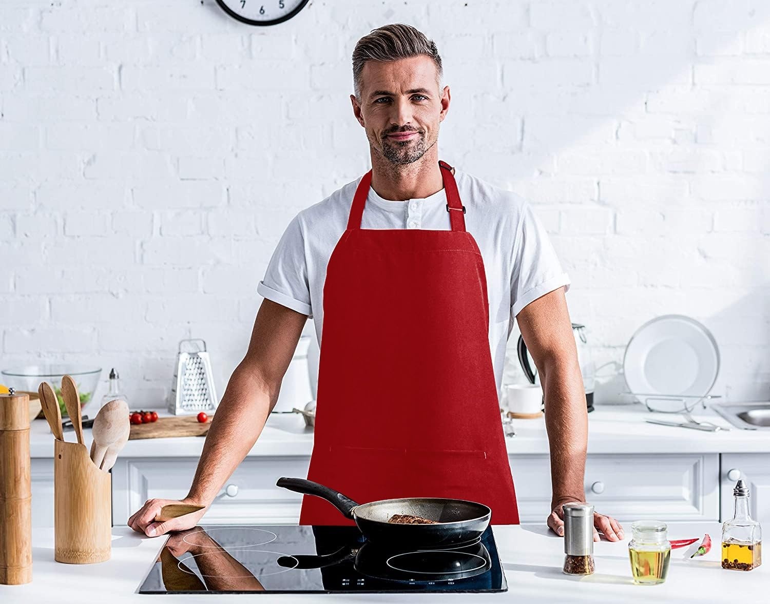 image:imageUtopia Kitchen 2 Pack Bib Apron Adjustable with 2 Pockets Water and Oil Resistant Cooking Kitchen Chef Apron for Women MenRed