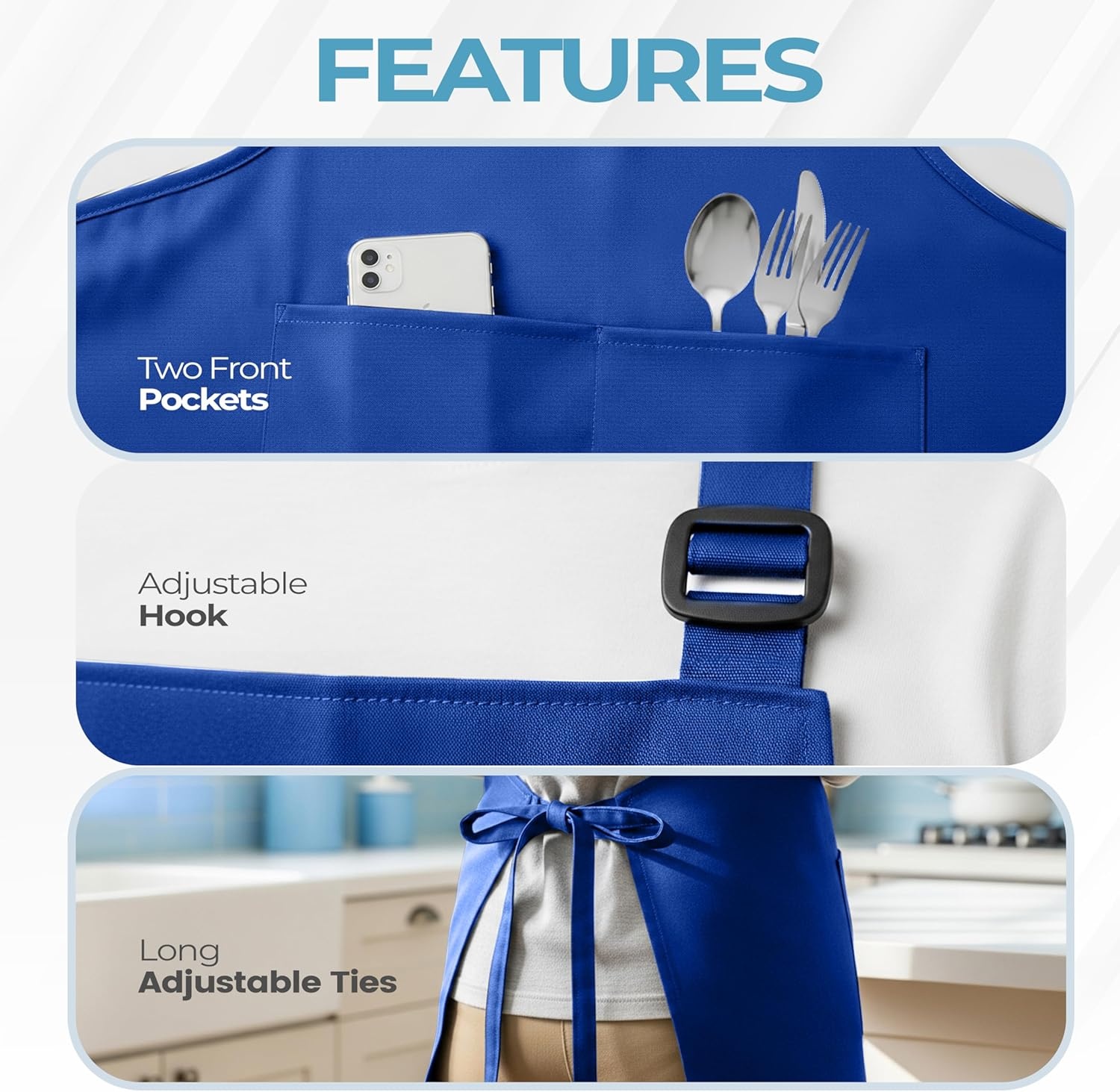 image:imageUtopia Kitchen 4 Pack Bib Apron Adjustable with 2 Pockets Water and Oil Resistant Cooking Kitchen Chef Apron for Women MenBlue