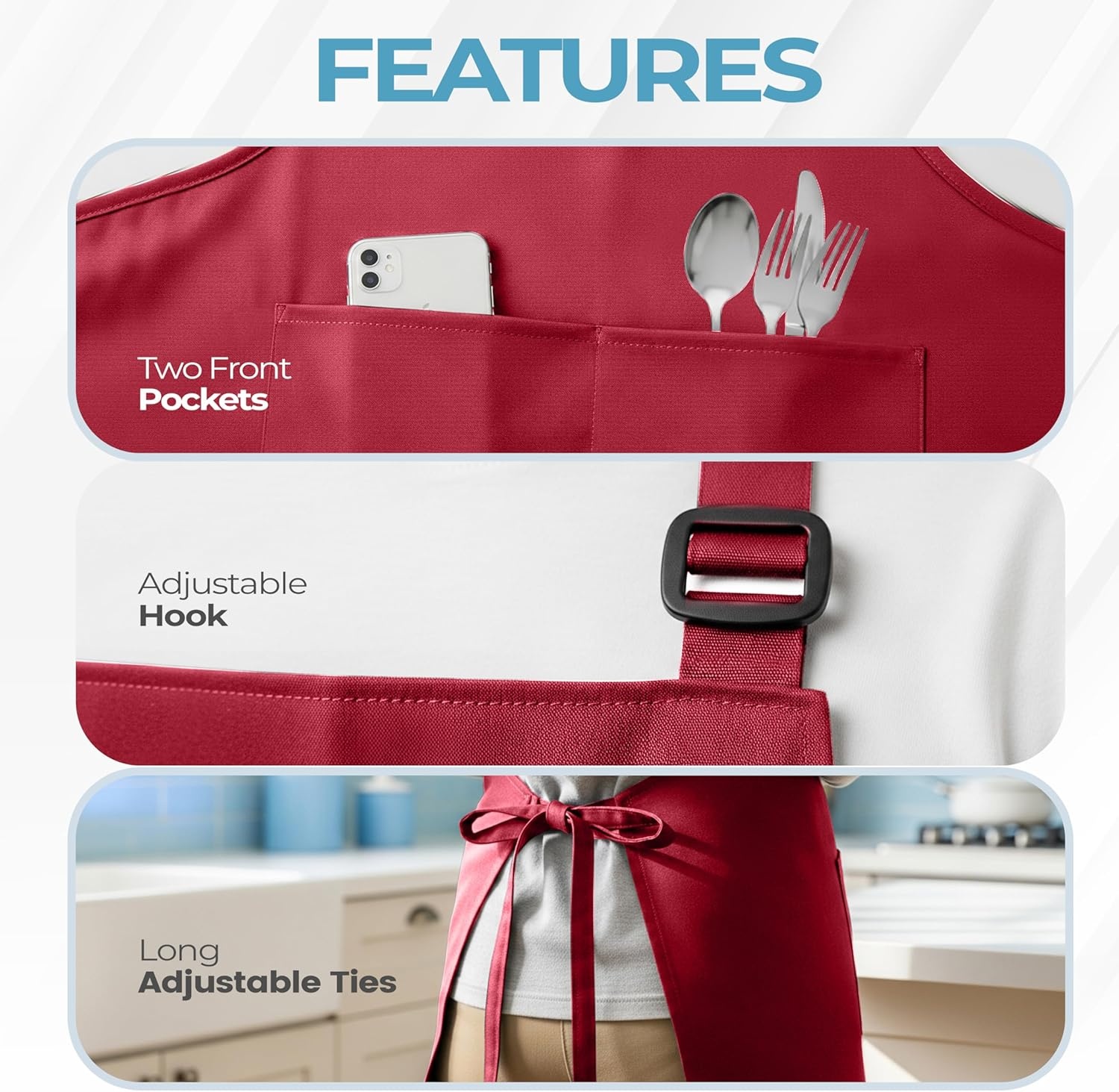 image:imageUtopia Kitchen 4 Pack Bib Apron Adjustable with 2 Pockets Water and Oil Resistant Cooking Kitchen Chef Apron for Women MenRed