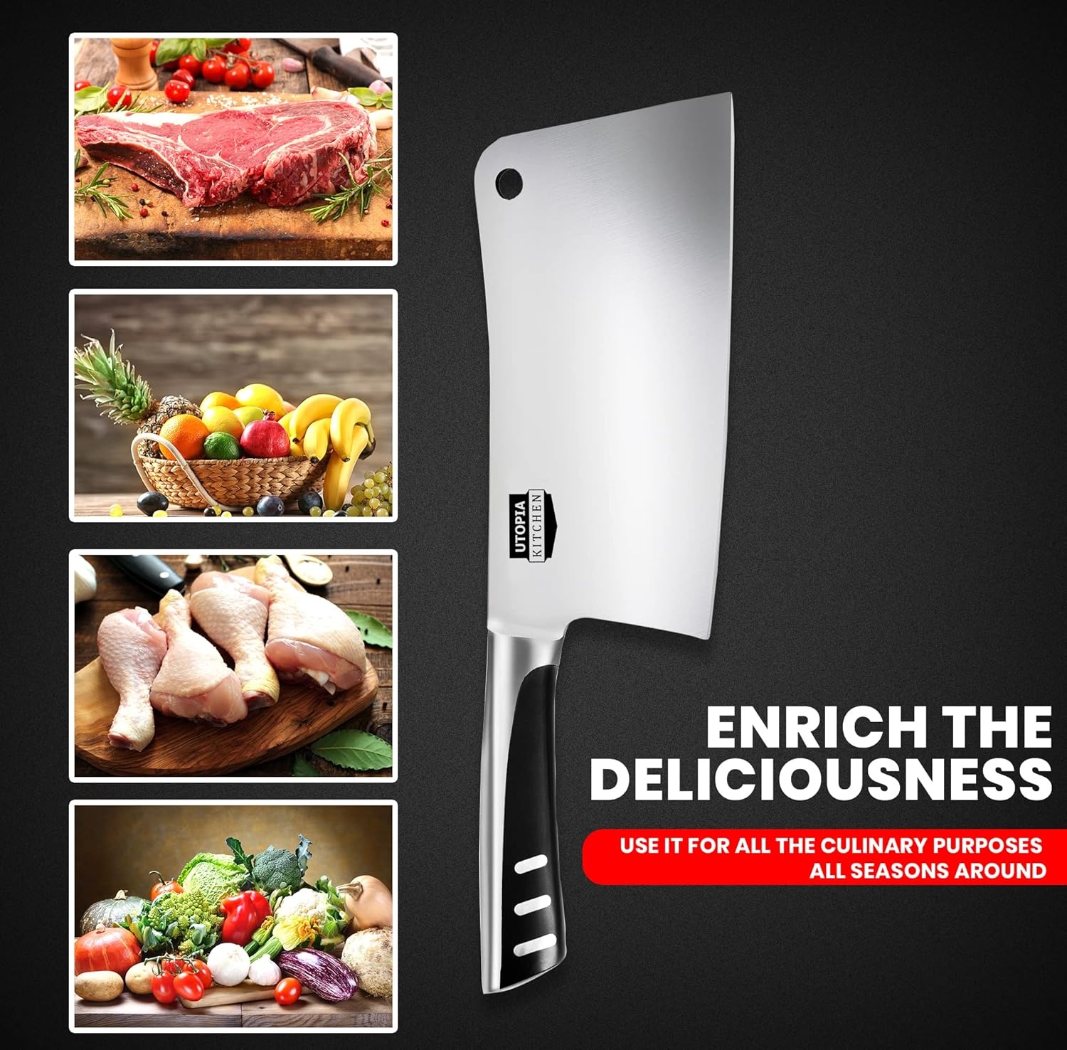image:imageUtopia Kitchen 7 inch Cleaver Knife Stainless Steel Chef Butcher Knives for Meat Vegetable Multipurpose Kitchen Chef Knife Chopping BoneBlack
