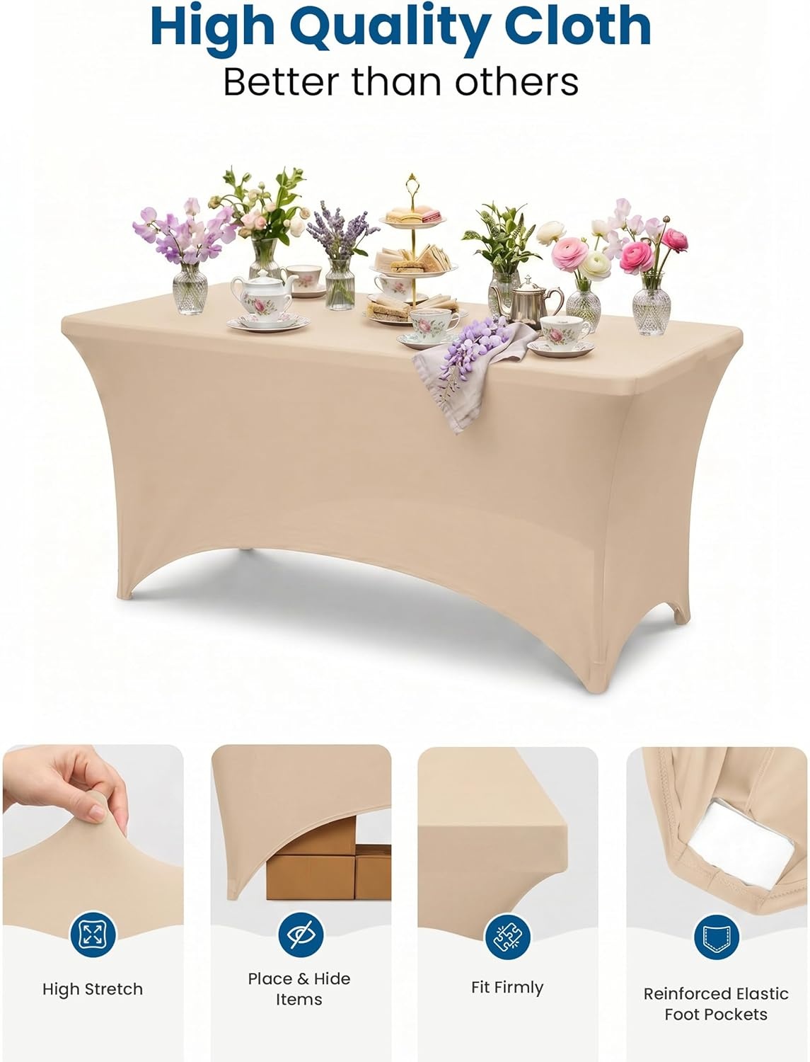 image:imageUtopia Kitchen Spandex Tablecloth 1 Pack 4FT Black Tight Fitted Washable and Wrinkle Resistant Stretch Rectangular Patio Table Cover for Event Wedding Banquet amp Parties 48Lx30Wx30H InchChampagne