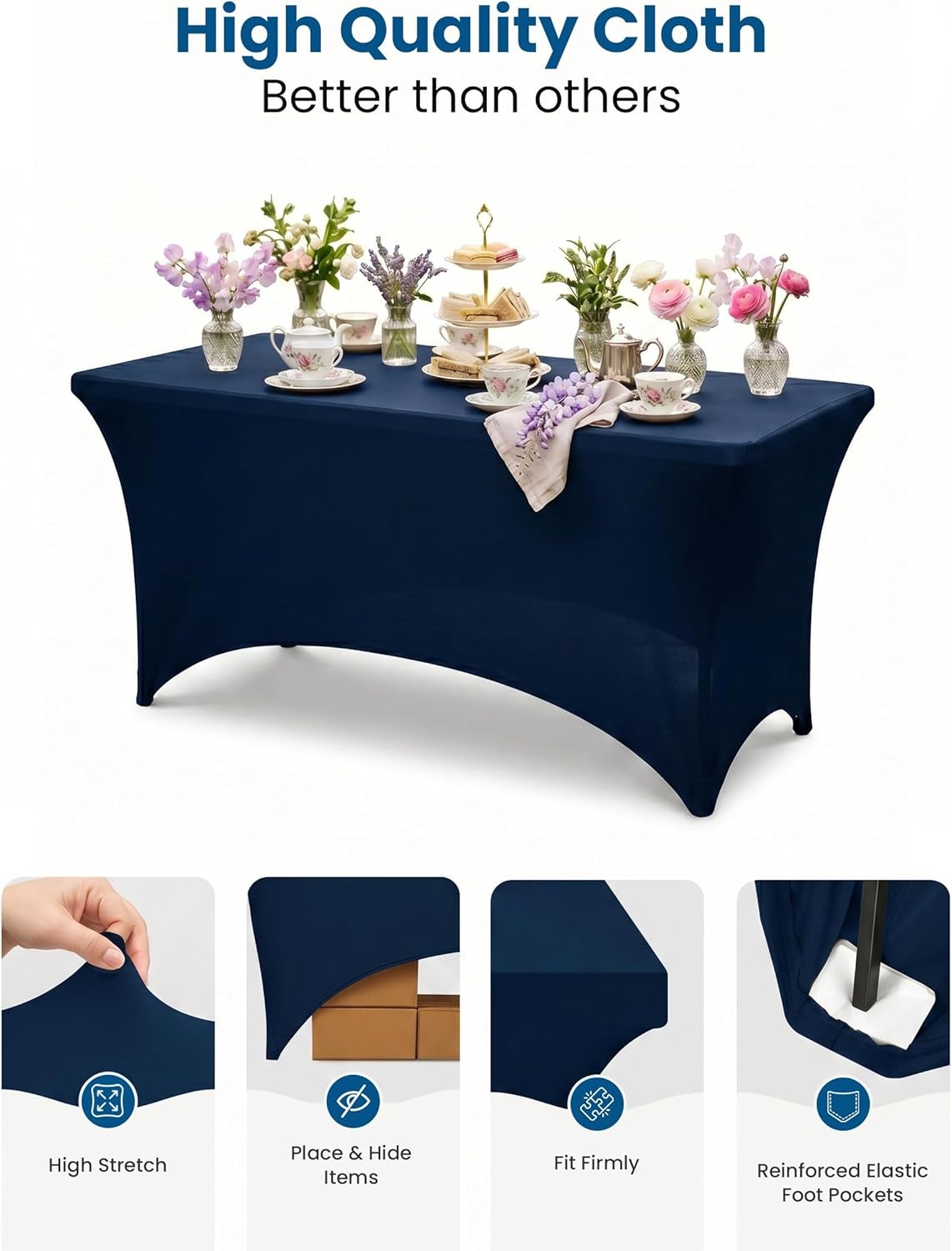 image:imageUtopia Kitchen Spandex Tablecloth 1 Pack 4FT Black Tight Fitted Washable and Wrinkle Resistant Stretch Rectangular Patio Table Cover for Event Wedding Banquet amp Parties 48Lx30Wx30H InchNavy Blue