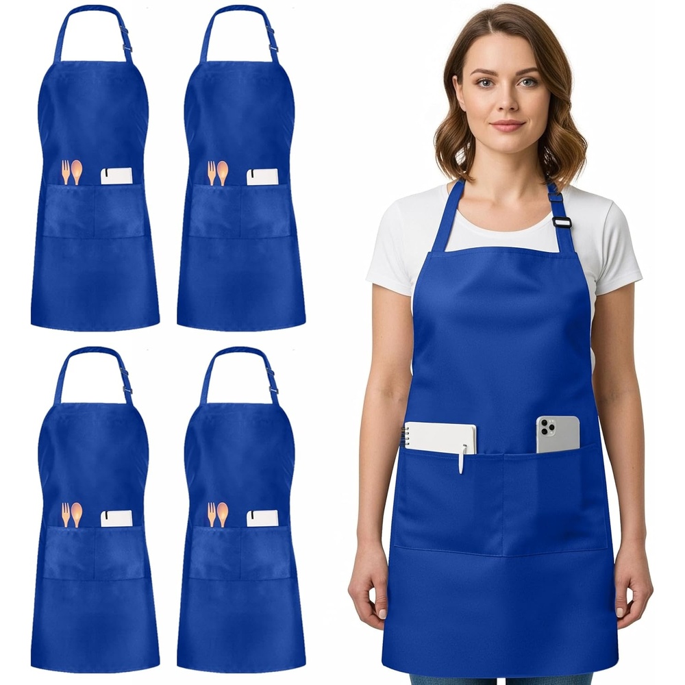 image:imageUtopia Kitchen 4 Pack Bib Apron Adjustable with 2 Pockets Water and Oil Resistant Cooking Kitchen Chef Apron for Women MenBlue