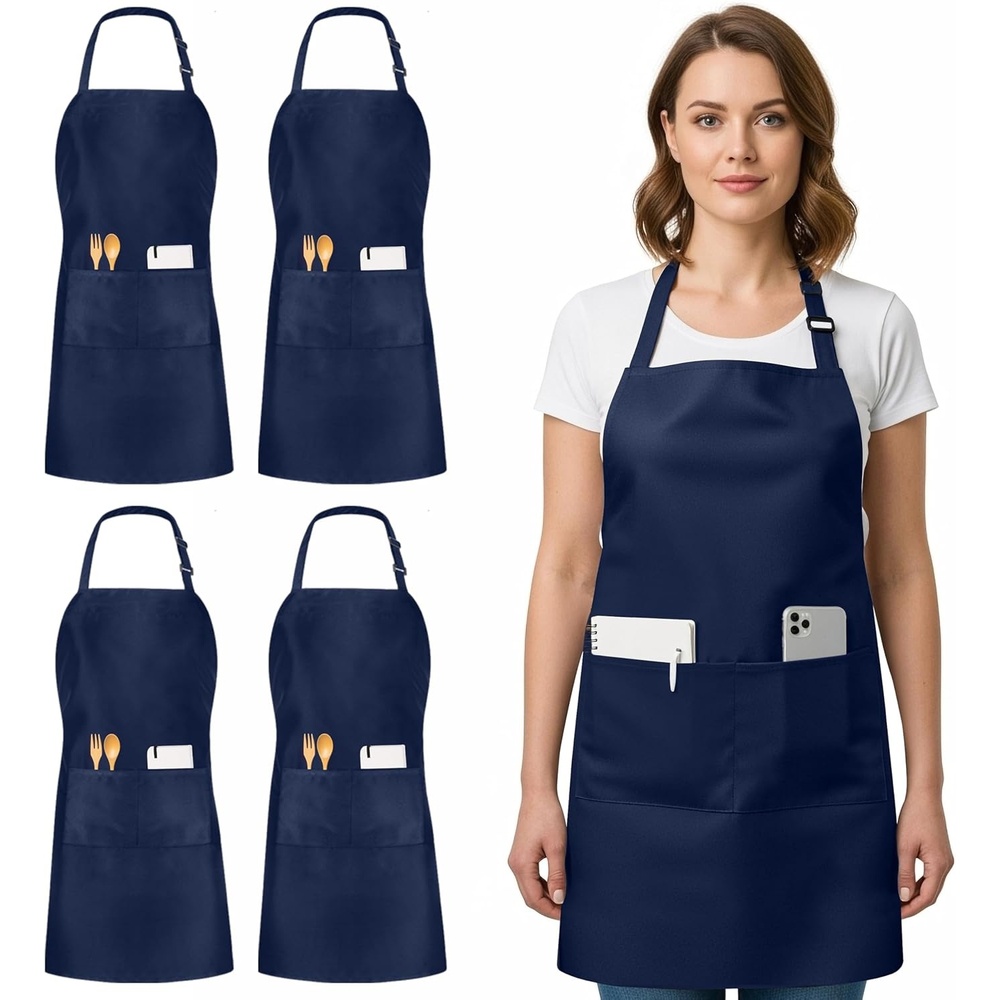 image:imageUtopia Kitchen 4 Pack Bib Apron Adjustable with 2 Pockets Water and Oil Resistant Cooking Kitchen Chef Apron for Women MenNavy