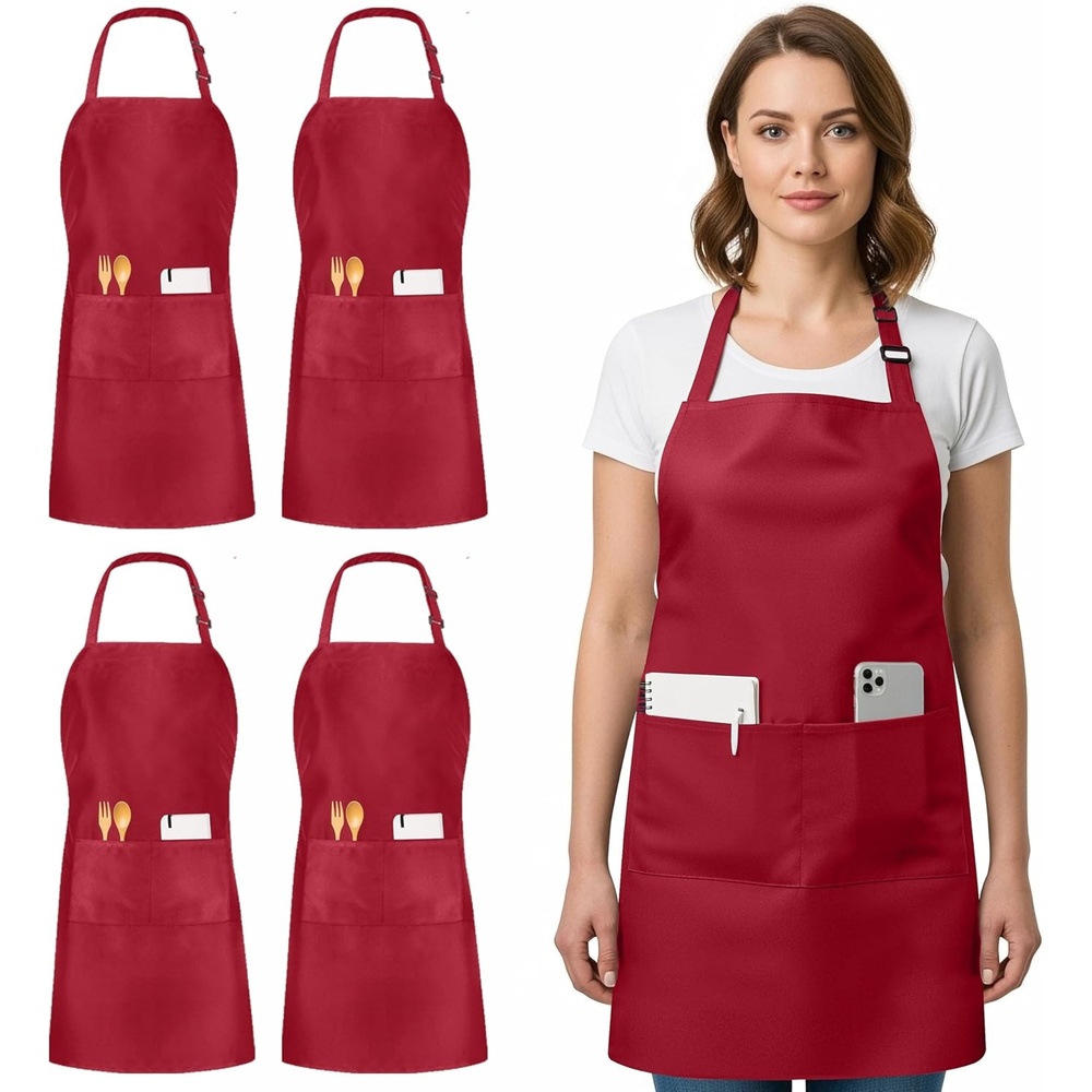 image:imageUtopia Kitchen 4 Pack Bib Apron Adjustable with 2 Pockets Water and Oil Resistant Cooking Kitchen Chef Apron for Women MenRed