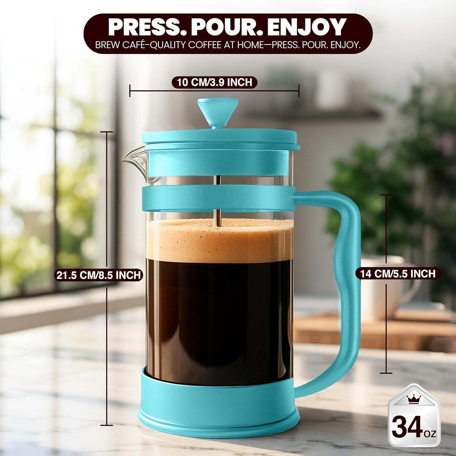 image:imageUtopia Kitchen French Press Espresso and Tea Maker with Triple Filters Stainless Steel Plunger and Heat Resistant Borosilicate Glass Aqua 34oz Pack of 1Aqua