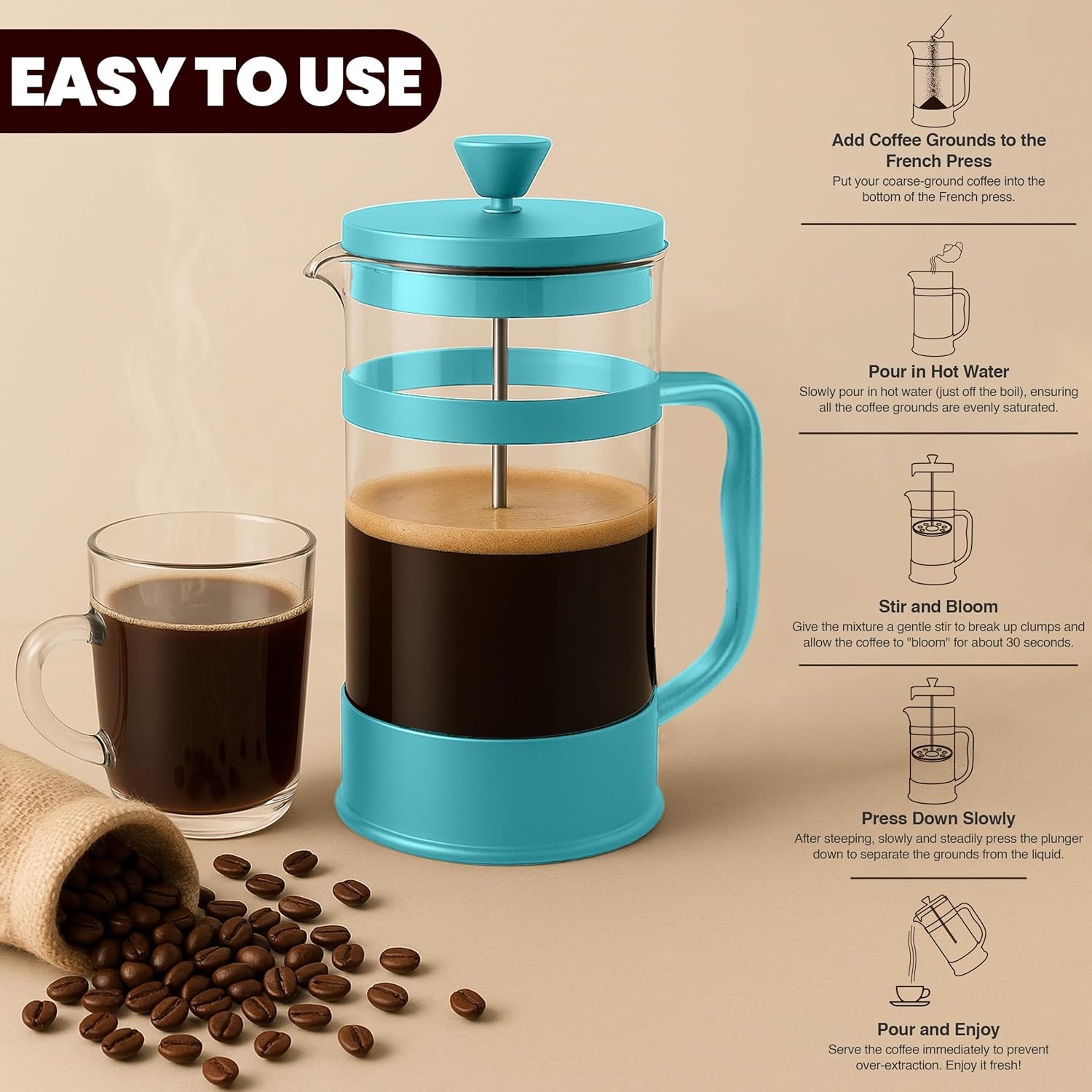 image:imageUtopia Kitchen French Press Espresso and Tea Maker with Triple Filters Stainless Steel Plunger and Heat Resistant Borosilicate Glass Aqua 34oz Pack of 1Aqua