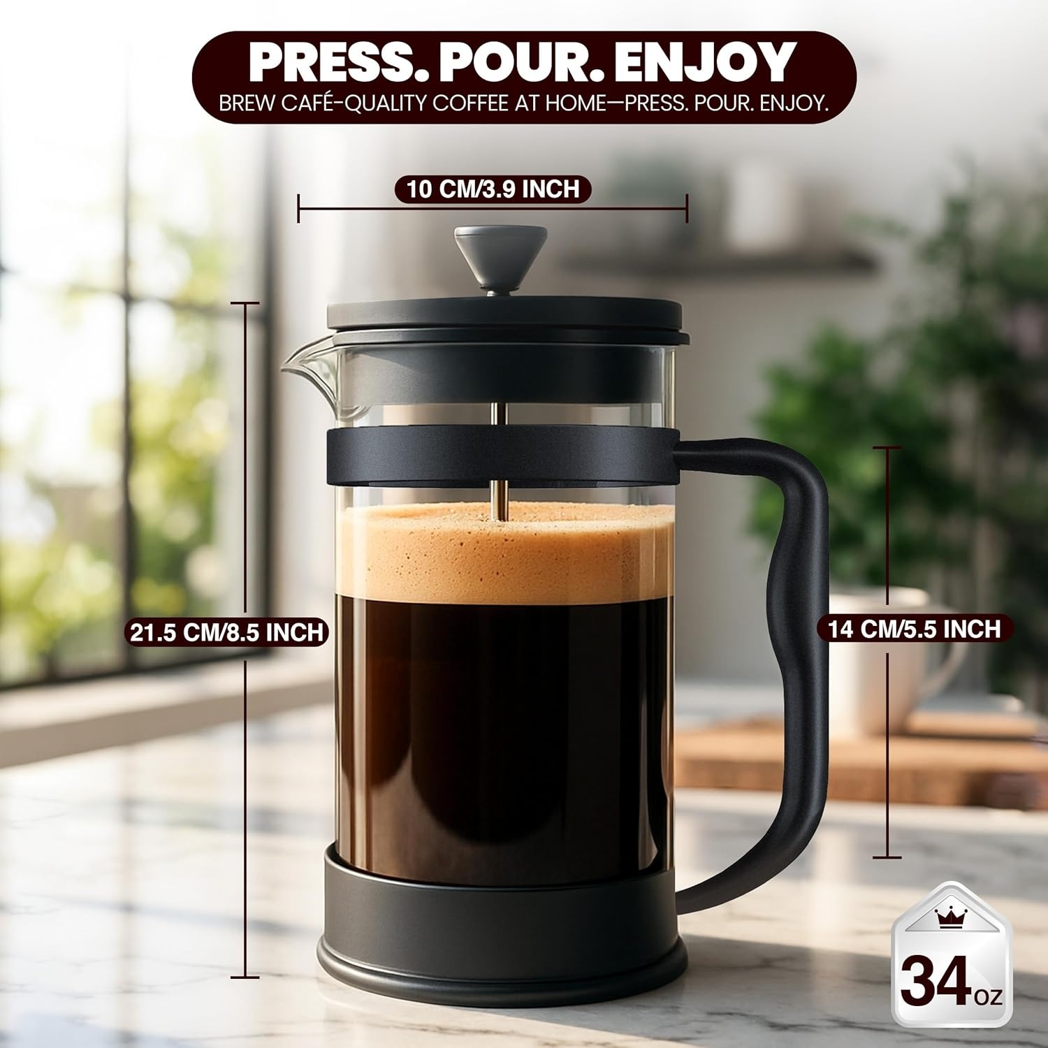 image:imageUtopia Kitchen French Press Espresso and Tea Maker with Triple Filters Stainless Steel Plunger and Heat Resistant Borosilicate Glass Aqua 34oz Pack of 1Black