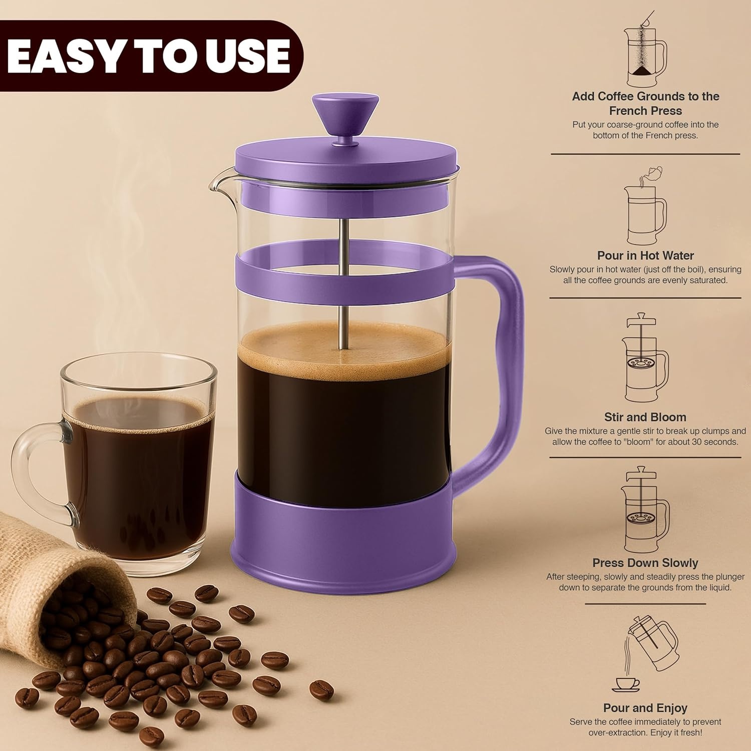 image:imageUtopia Kitchen French Press Espresso and Tea Maker with Triple Filters Stainless Steel Plunger and Heat Resistant Borosilicate Glass Aqua 34oz Pack of 1Plum