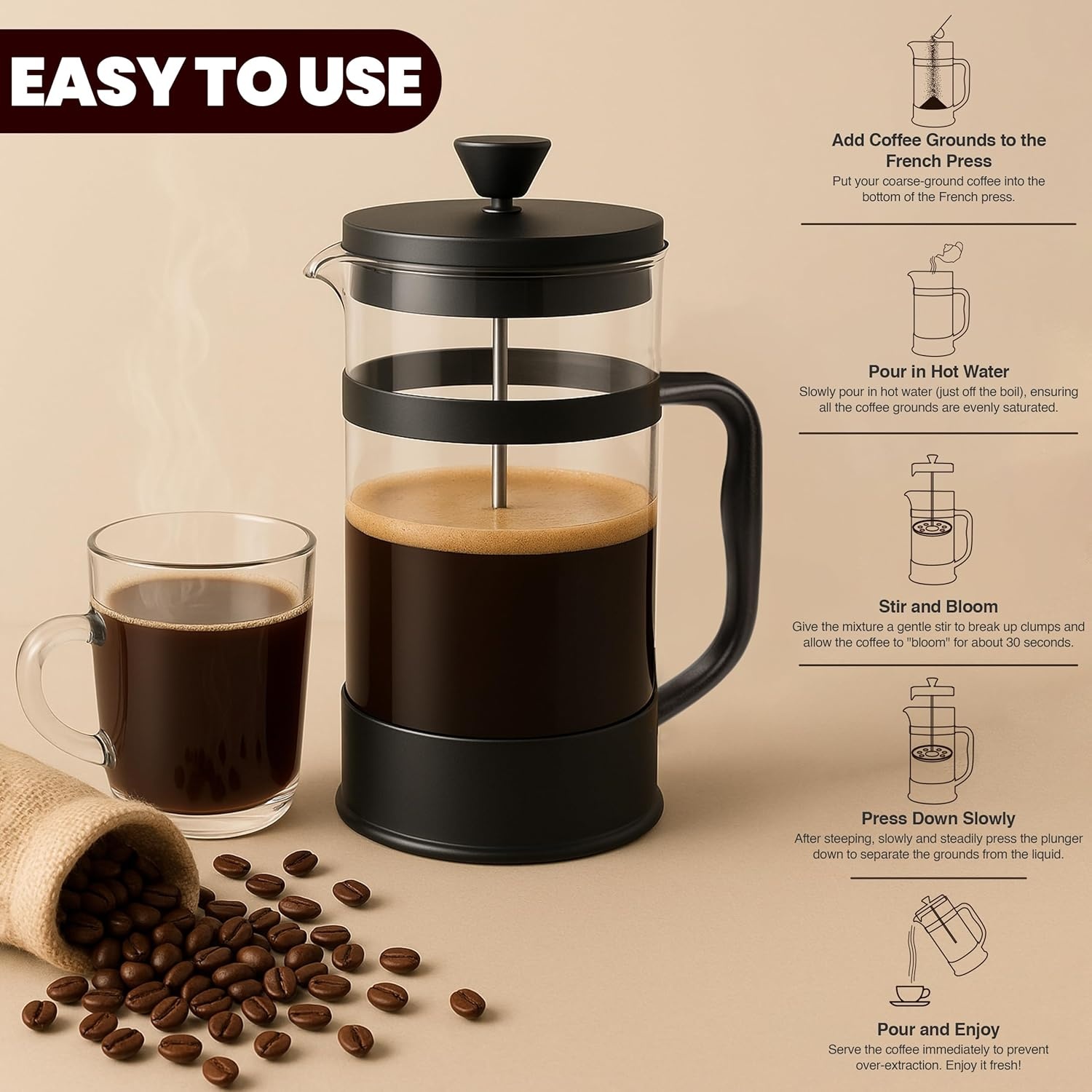 image:imageUtopia Kitchen French Press Espresso and Tea Maker with Triple Filters Stainless Steel Plunger and Heat Resistant Borosilicate Glass Aqua 34oz Pack of 1Black