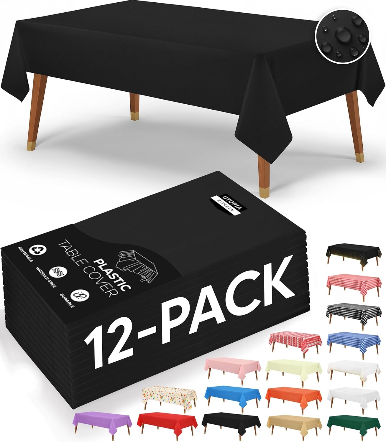 image:imageUtopia Kitchen Plastic Table Cloth Disposable 12 Pack 54x108 Inch Birthday Rectangle Tablecloth Waterproof Stain Resistant Party Table CoverBlack