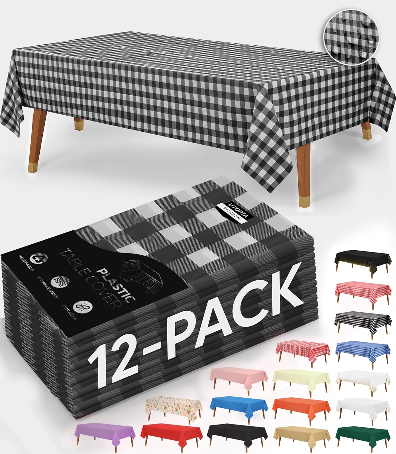 image:imageUtopia Kitchen Plastic Table Cloth Disposable 12 Pack 54x108 Inch Birthday Rectangle Tablecloth Waterproof Stain Resistant Party Table CoverBlack Check