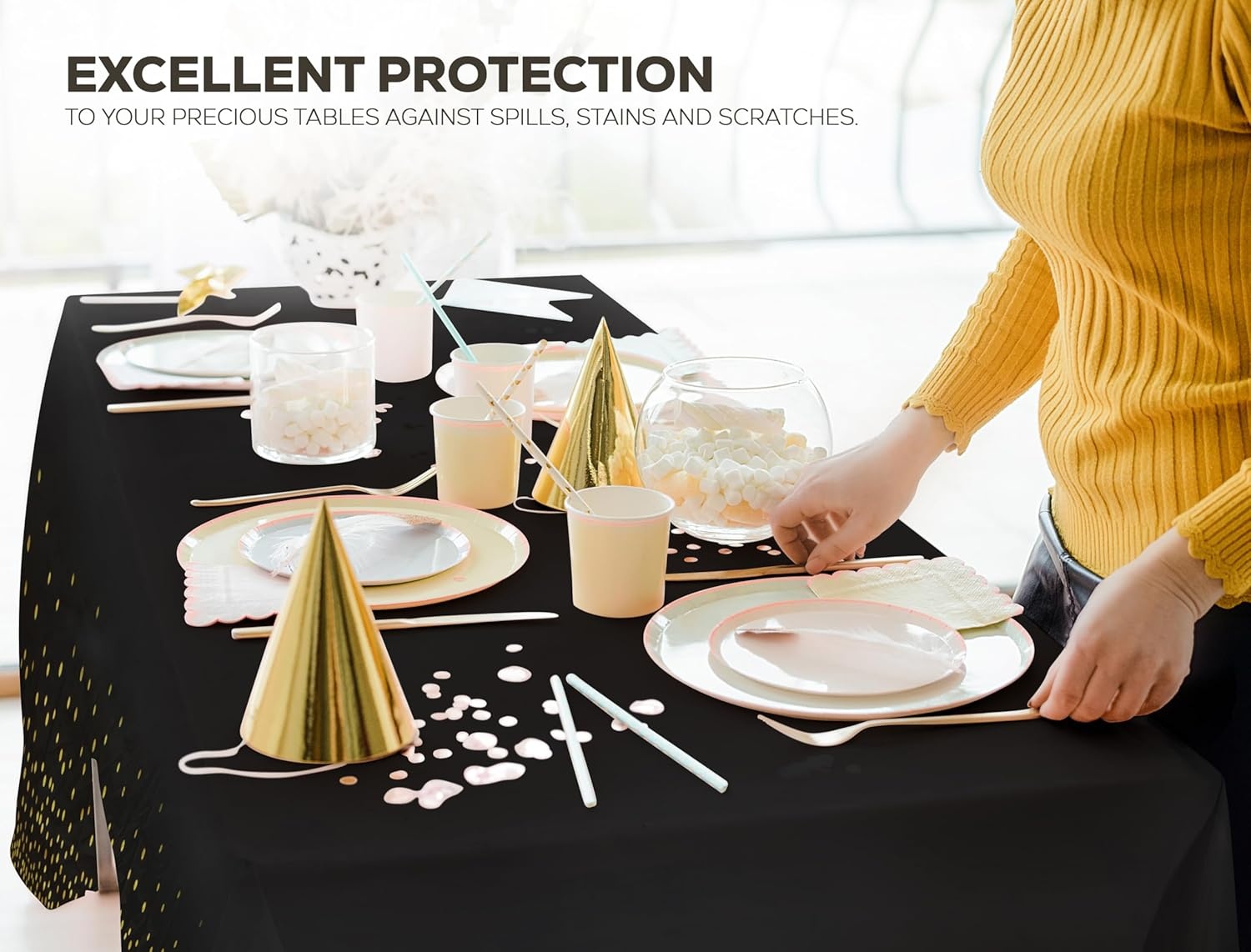 image:imageUtopia Kitchen Plastic Table Cloth Disposable 12 Pack 54x108 Inch Birthday Rectangle Tablecloth Waterproof Stain Resistant Party Table CoverBlack Gold Dots