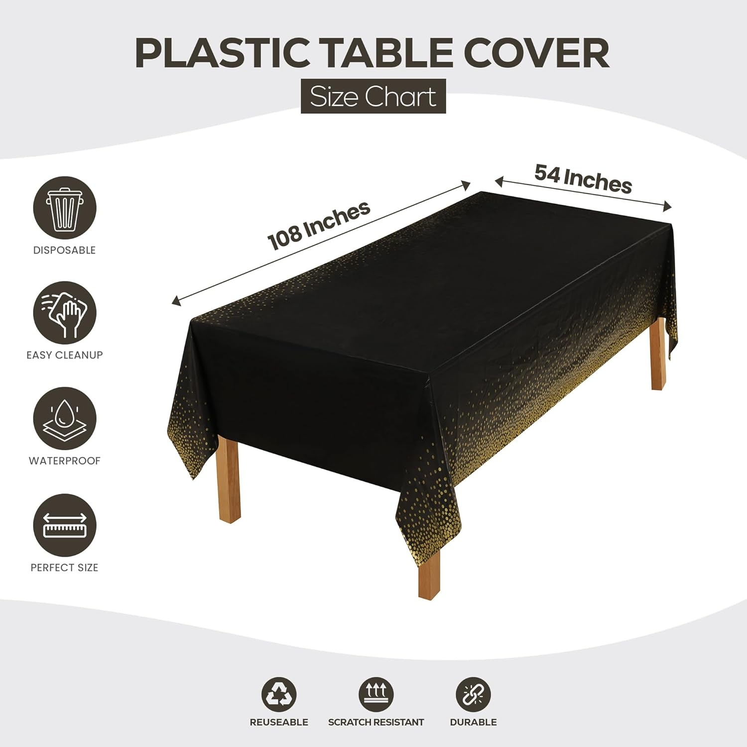 image:imageUtopia Kitchen Plastic Table Cloth Disposable 12 Pack 54x108 Inch Birthday Rectangle Tablecloth Waterproof Stain Resistant Party Table CoverBlack Gold Dots