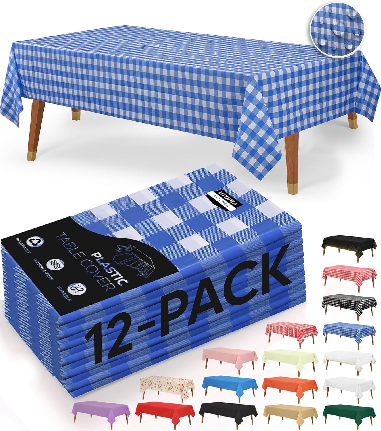 image:imageUtopia Kitchen Plastic Table Cloth Disposable 12 Pack 54x108 Inch Birthday Rectangle Tablecloth Waterproof Stain Resistant Party Table CoverBlue Check