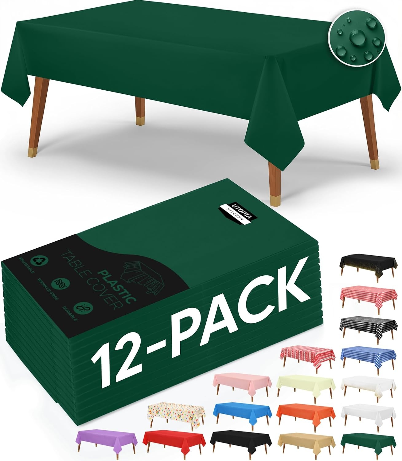 image:imageUtopia Kitchen Plastic Table Cloth Disposable 12 Pack 54x108 Inch Birthday Rectangle Tablecloth Waterproof Stain Resistant Party Table CoverGreen