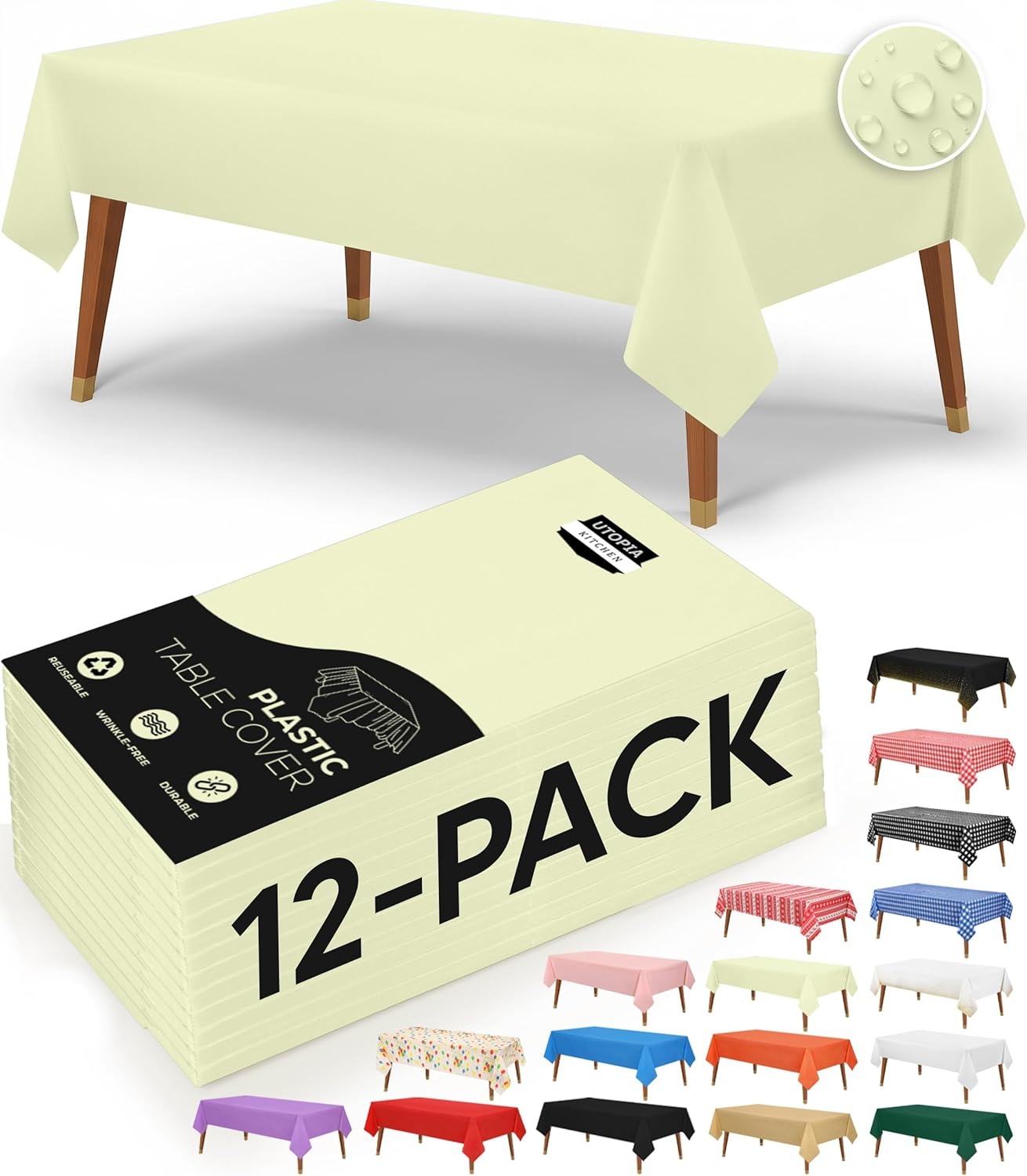 image:imageUtopia Kitchen Plastic Table Cloth Disposable 12 Pack 54x108 Inch Birthday Rectangle Tablecloth Waterproof Stain Resistant Party Table CoverIvory