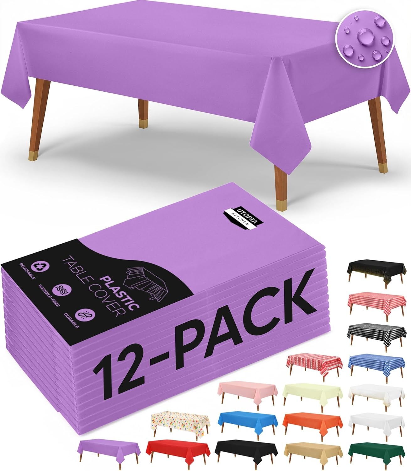 image:imageUtopia Kitchen Plastic Table Cloth Disposable 12 Pack 54x108 Inch Birthday Rectangle Tablecloth Waterproof Stain Resistant Party Table CoverLavender