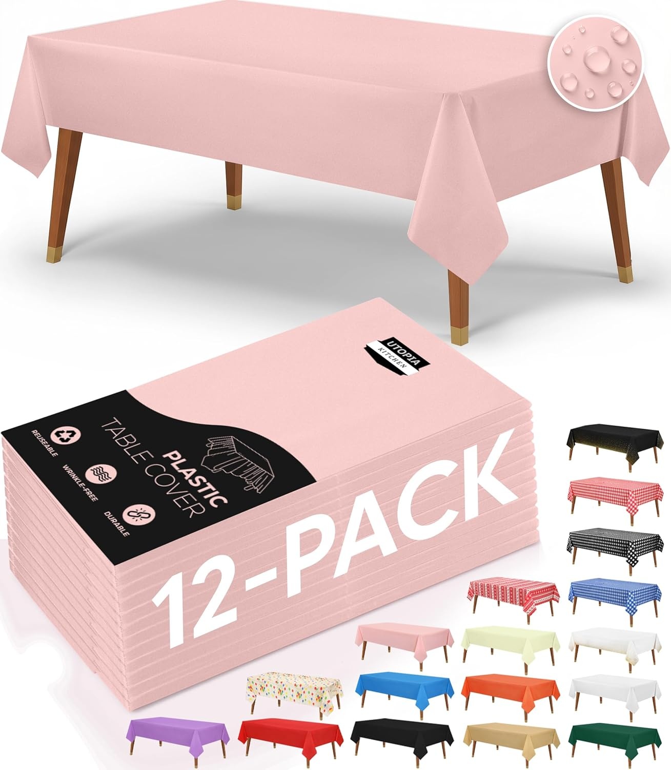 image:imageUtopia Kitchen Plastic Table Cloth Disposable 12 Pack 54x108 Inch Birthday Rectangle Tablecloth Waterproof Stain Resistant Party Table CoverPink